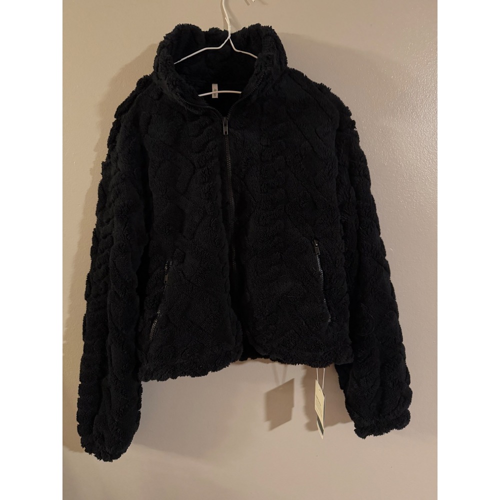 Halara Black Teddy Fleece Cable Knit Textured Full Zip Jacket Women's Size Med